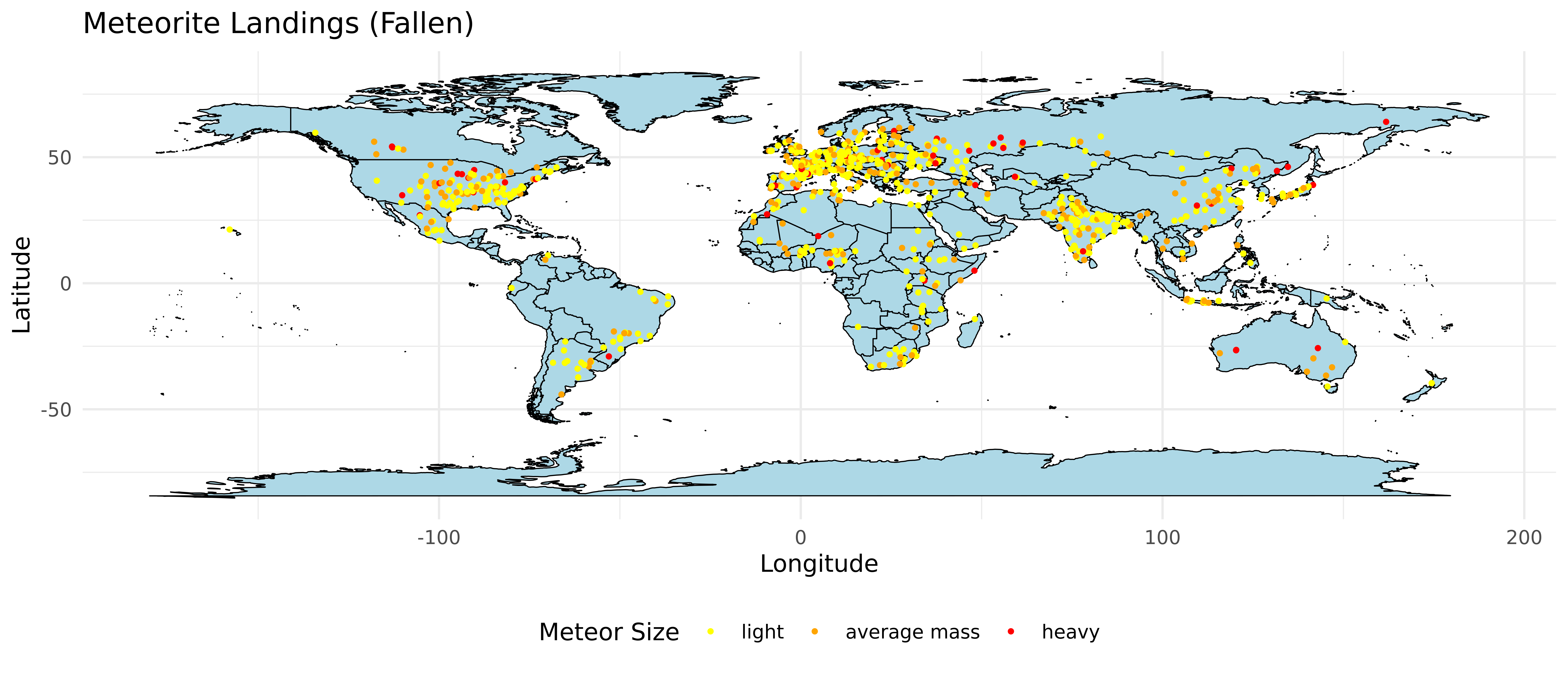 World map showing the different recorded locations where meteorites fell to Earth