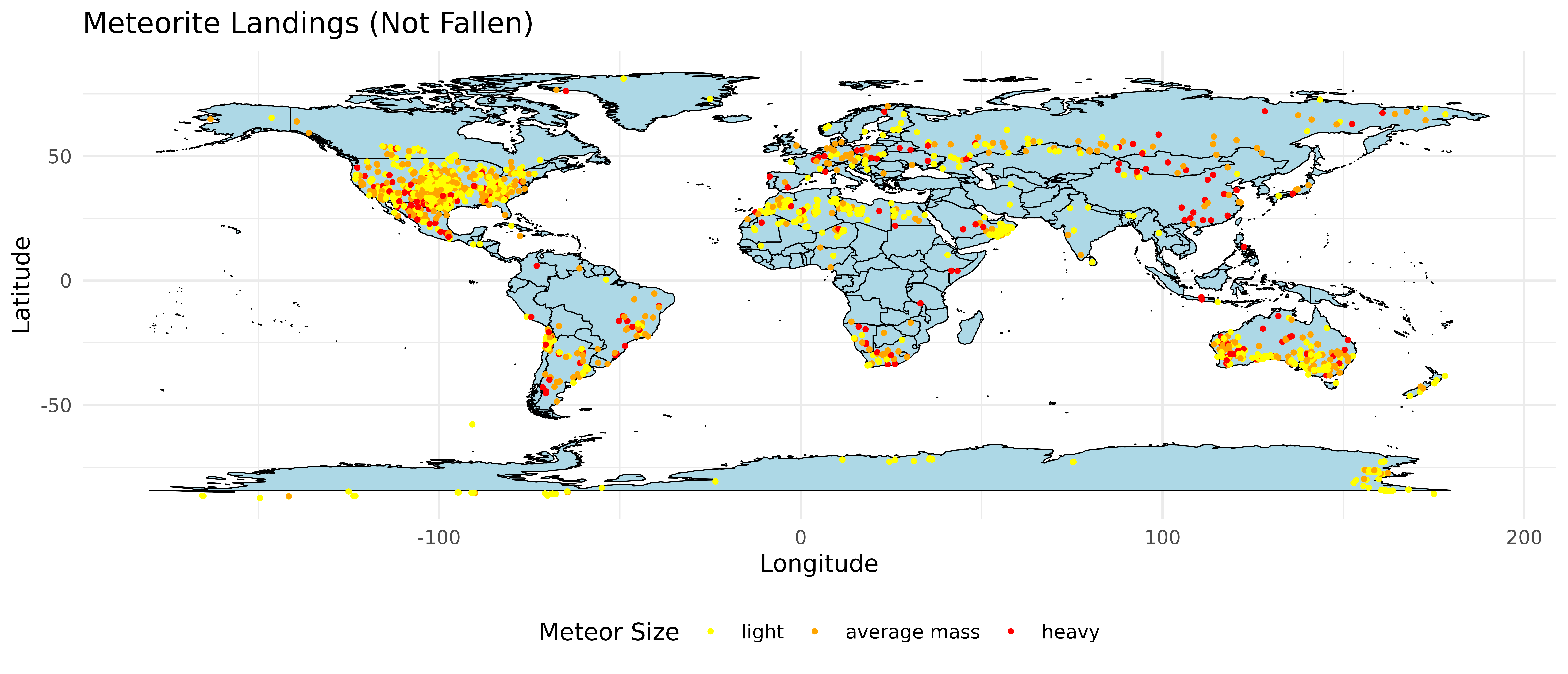 World map showing the different recorded locations of meteorites before falling